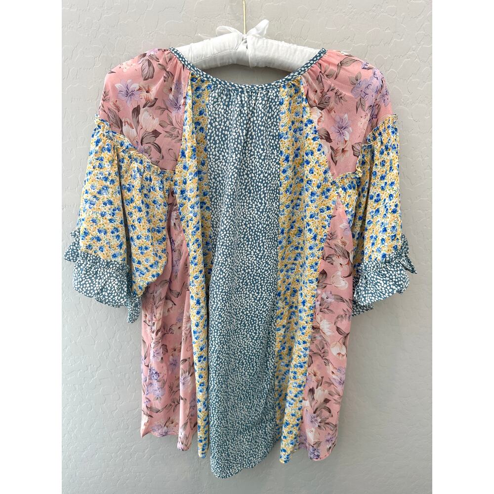GGO Floral Mixed-Print Pink and Blue Blouse - Picture 4 of 7